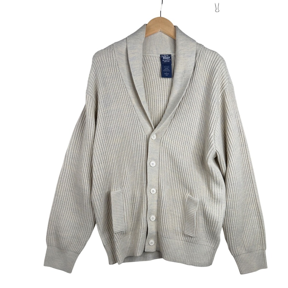John Blair Men's Cardigan Size L Tan Cable Knit Sweater Grandpacore Fisherman